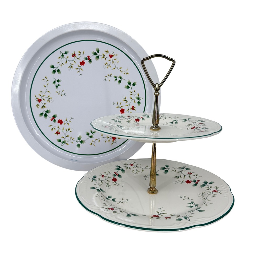 Pfaltzgraff Winterberry Tiered Serving Dishes and Metal Tray Set Holly Berry